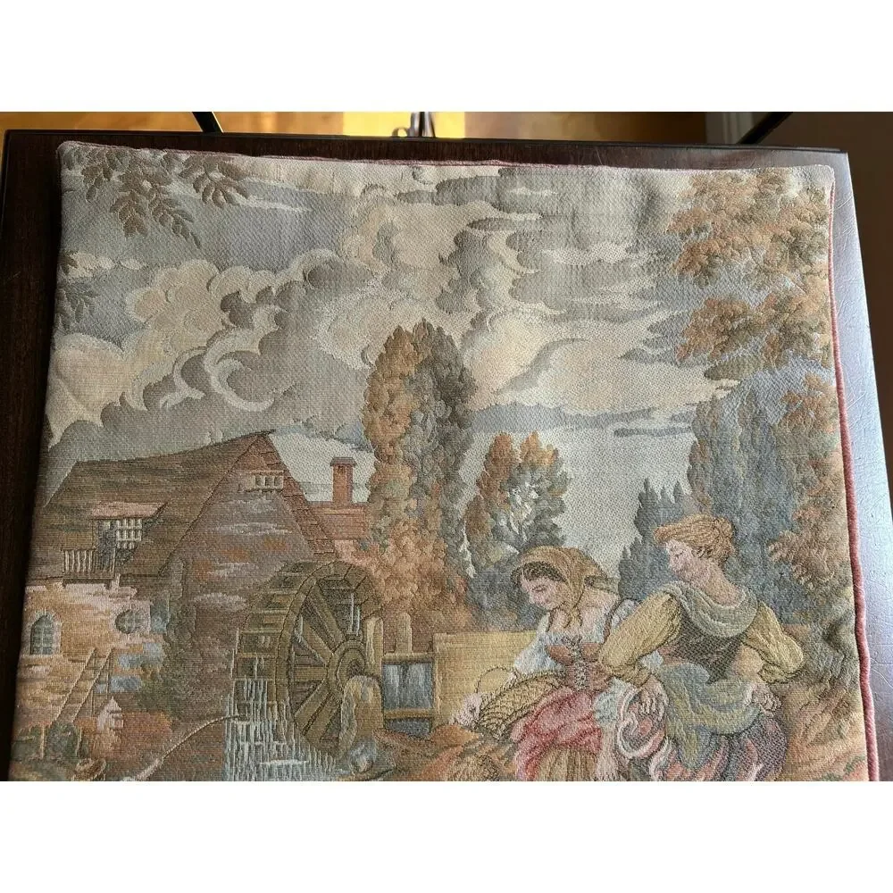 Woven jacquard tapestry pillow cover 18th-century scene Washing Day at the Mill
